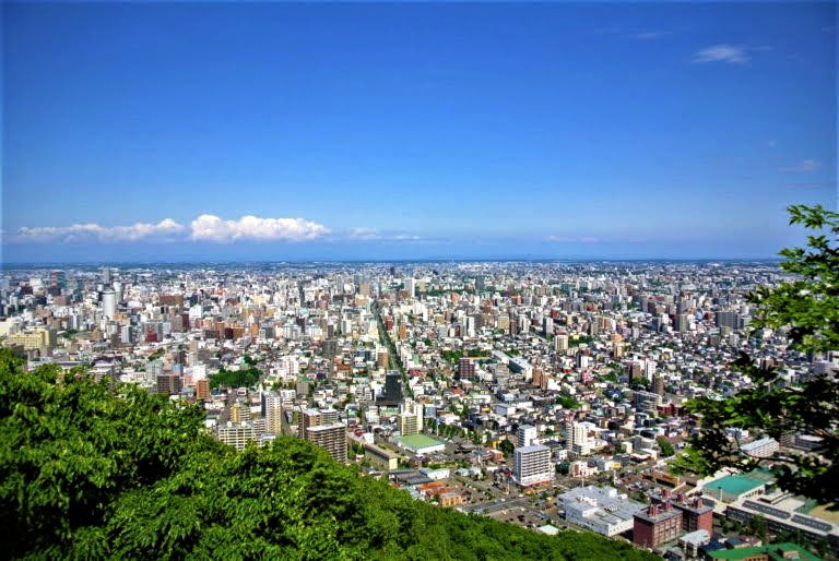 円山の頂上から札幌市街地を一望する
