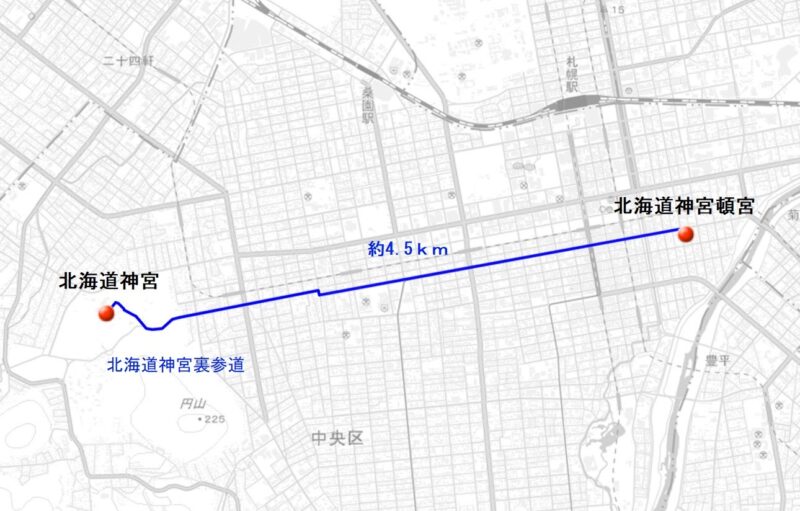 北海道神宮頓宮と北海道神宮の位置関係地図