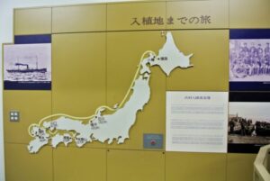 屯田郷土資料館に展示の篠路兵村の屯田兵の入植経路の展示パネル