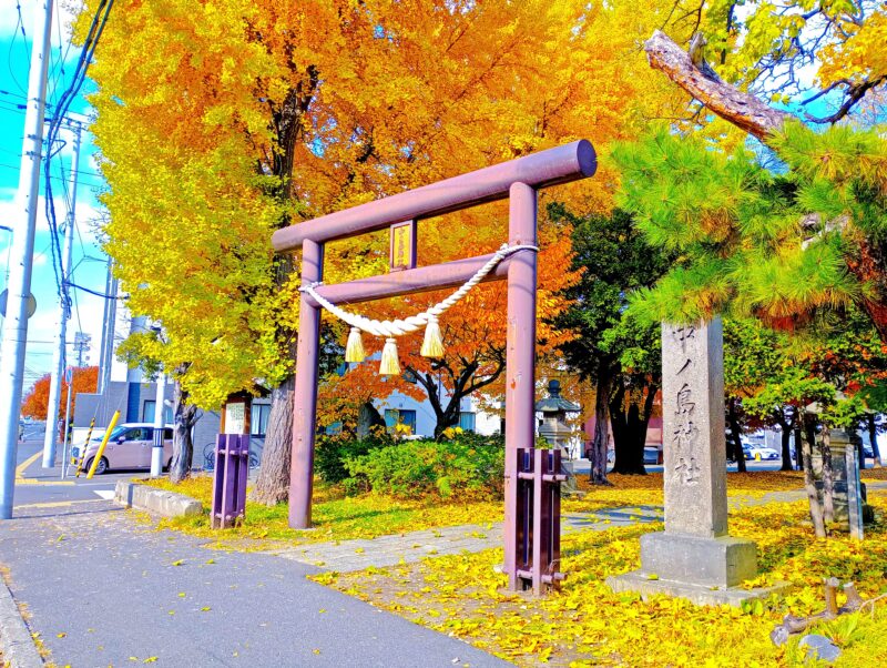 秋の中の島神社の鳥居と社号標